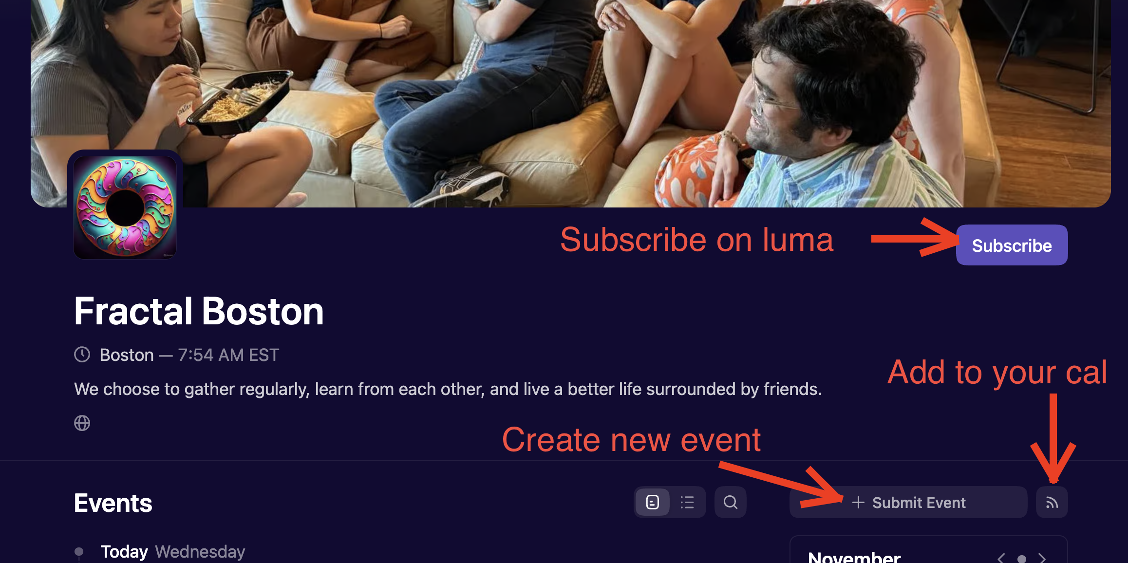 Luma Calendar interface with annotations showing how to subscribe and add events